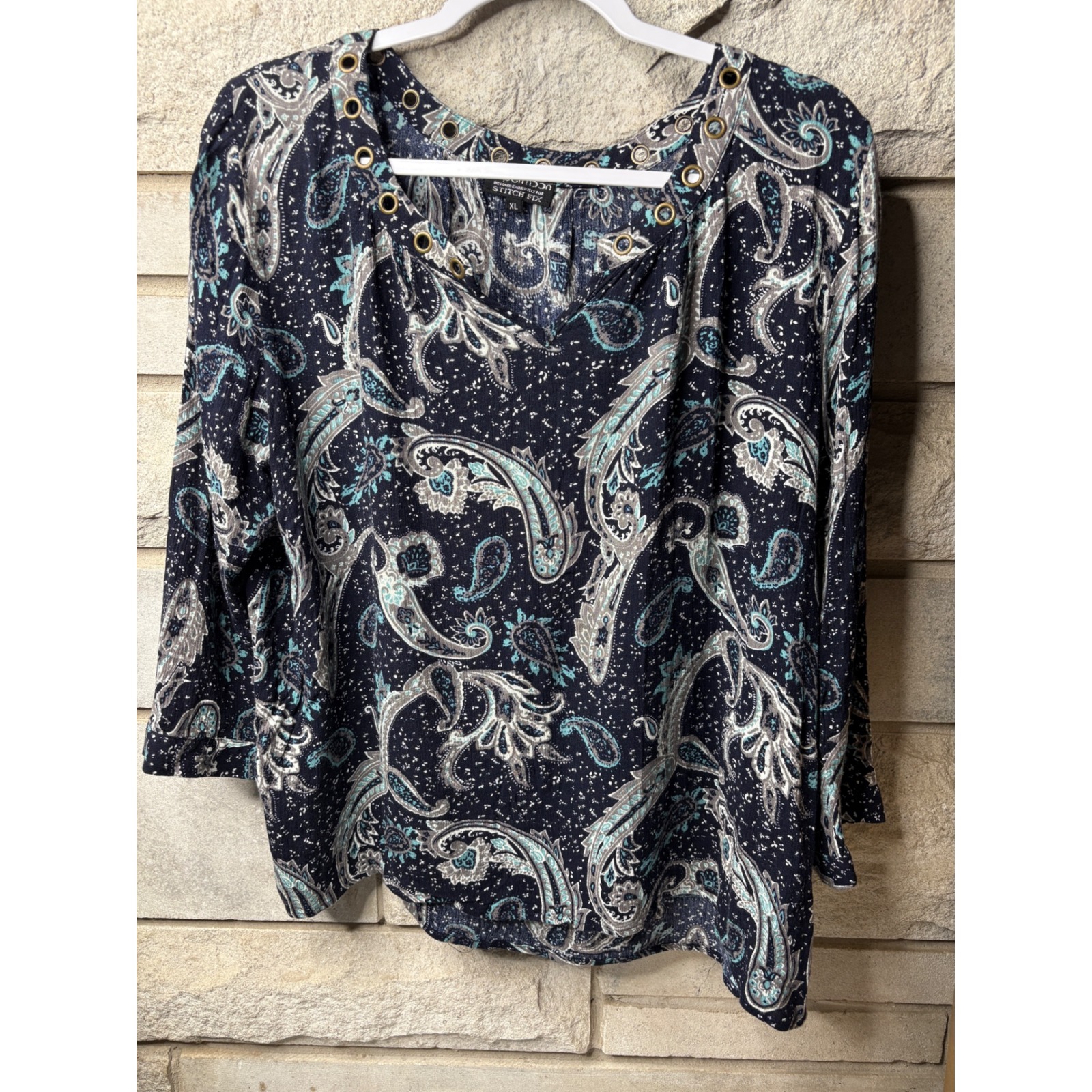 Papermoon Stitch Fix Navy Teal Paisley Grommet V-Neck Blouse Xl 3/4 Sleeve Top